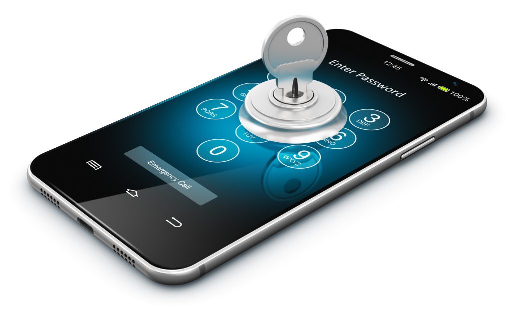 Smart Mobile Phone with a physical lock and key on the screen, implying mobile phone and device security