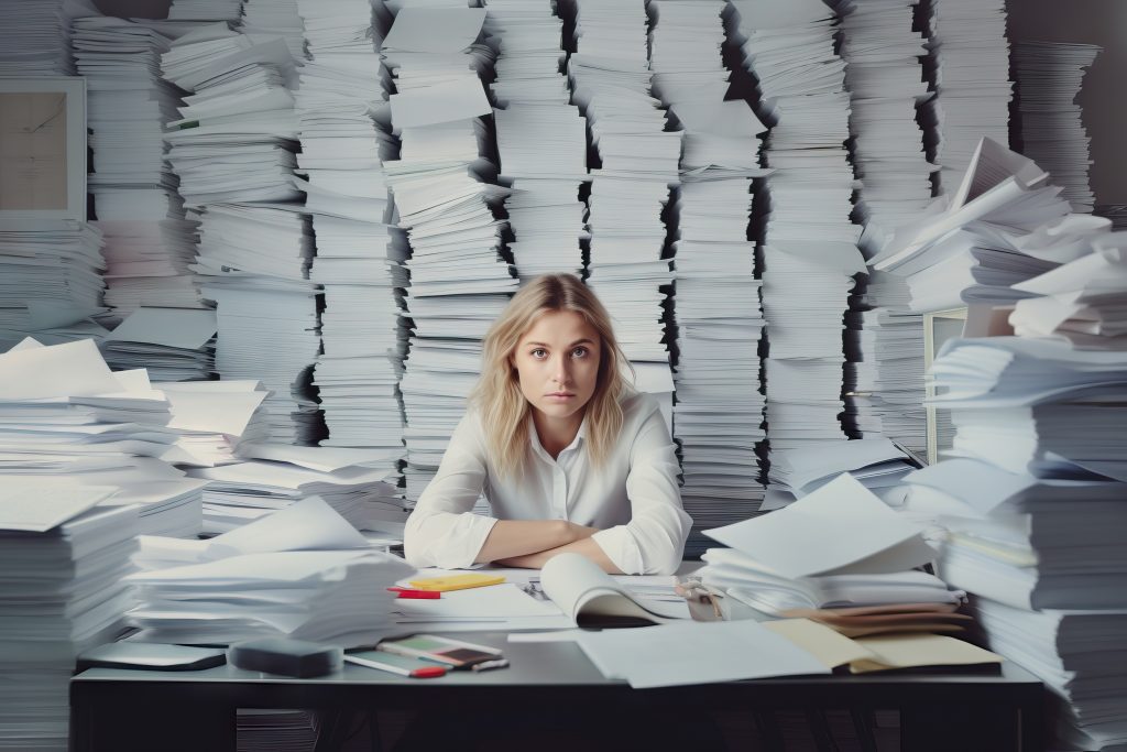 Woman sitting at a desk surrounded by piles of paper forming a paper mountain, looking straight the camera, arms folded with a resigned face