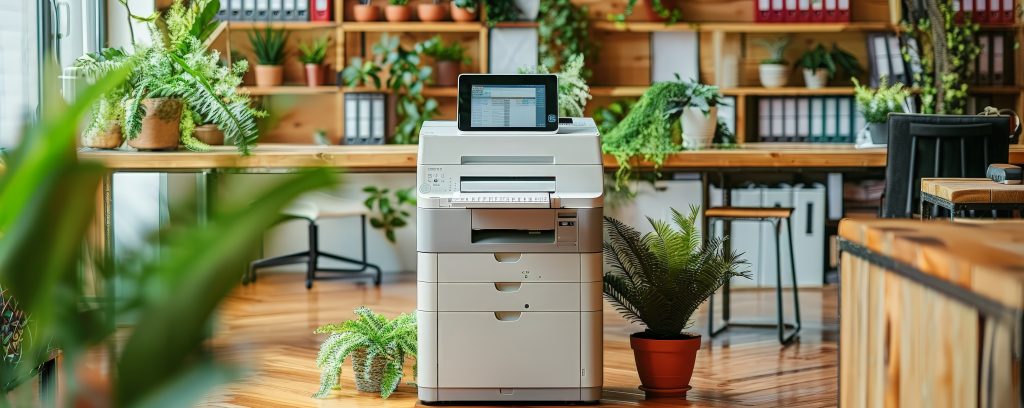 A modern office with a multifunctional printer station in the middle of it