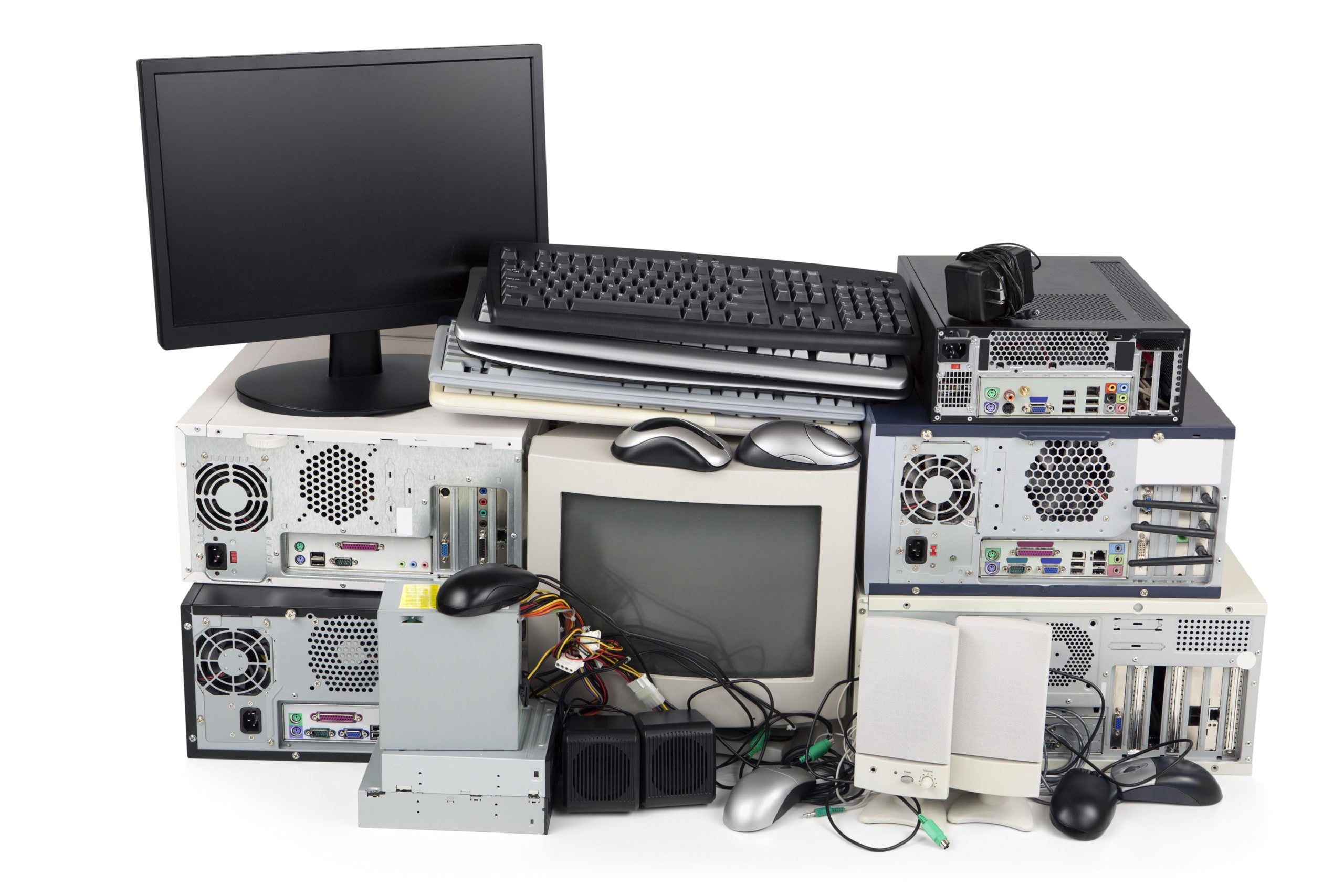 E-Waste, computers, screens and peripherals waiting to be recycled