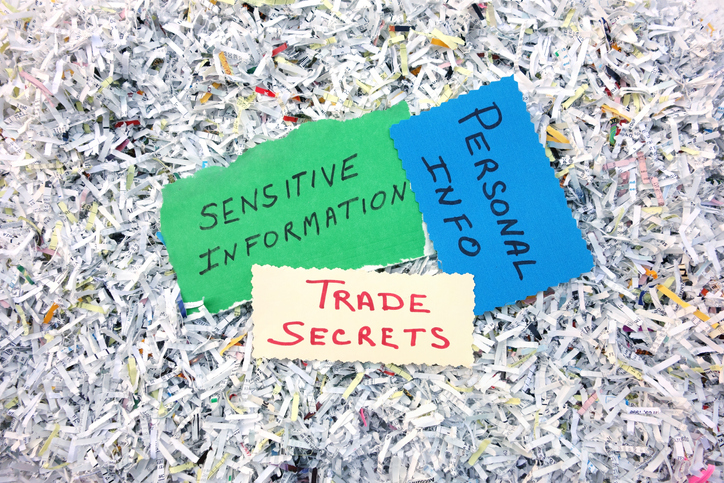 The phrases Trade Secrets, Sensitive Information and Personal Info are written on pieces of paper lying on top of a pile of shredded documents. Concept of security measures to prevent identity theft or leaking of sensitive data.
