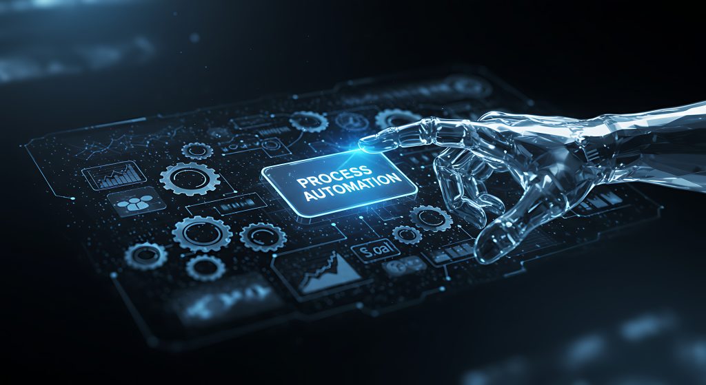 A robotic hand reaching to press a process automation buttonon a futuristic control panel