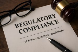 A Document entitled REGULATORY COMPLIANCE on a desk with a pen, a gavel and a pair of glasses indicating the compliance potential of using paper document scanning, workflow management and automation to drive efficiency and compliance