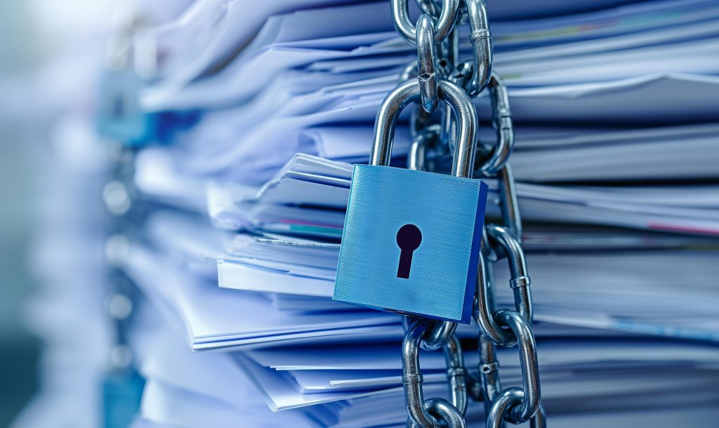 a stack of paper documents to be scanned and secured in a document management system with a chain and padlock around it