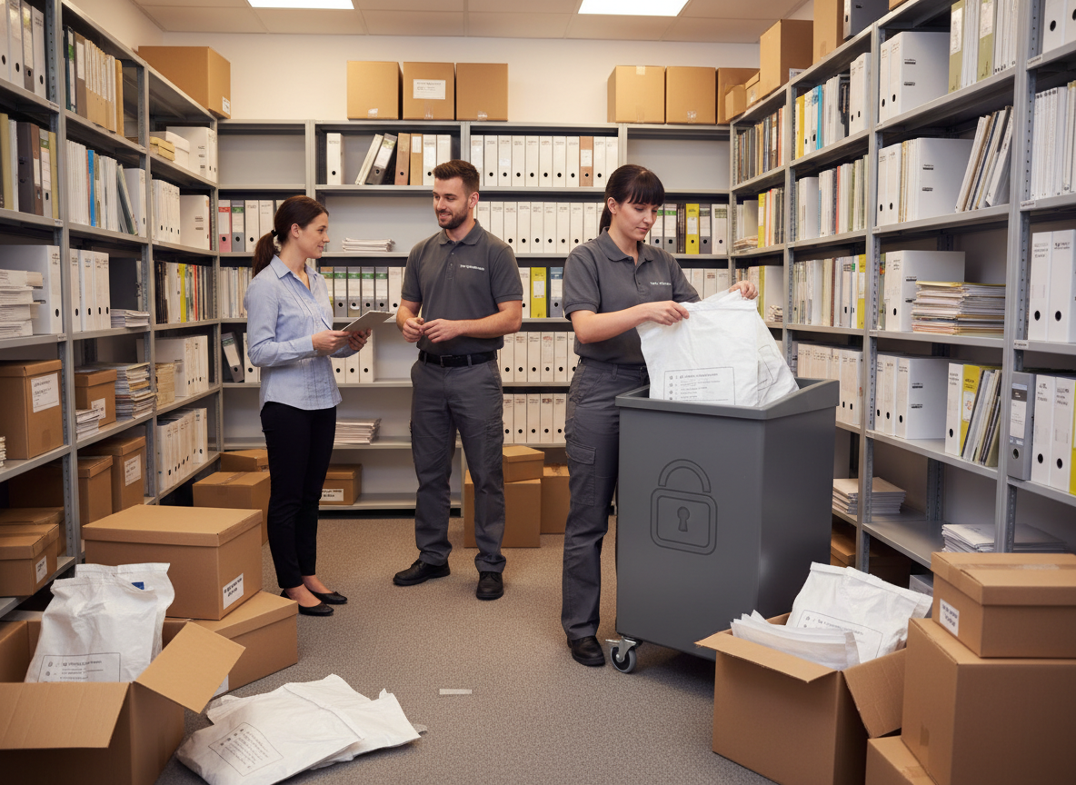 PaperMountains staff helping a business secure confidential paperwork for shredding